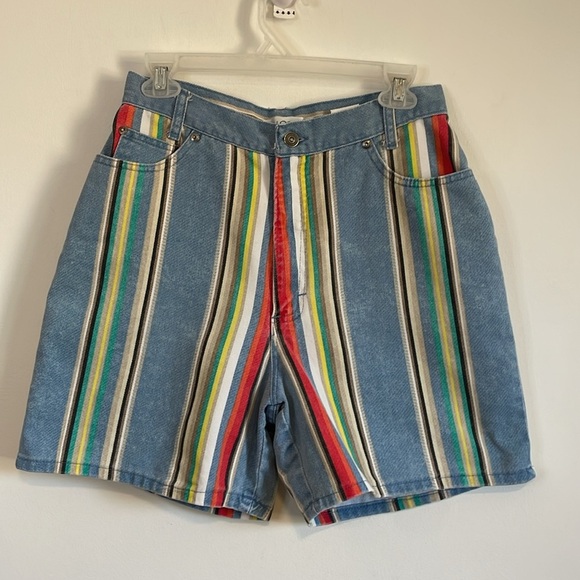Vintage Pants - VTG 90s Revival Shorts 10 Bermuda 28” waist ColorBlock Blue Striped Indie 5”